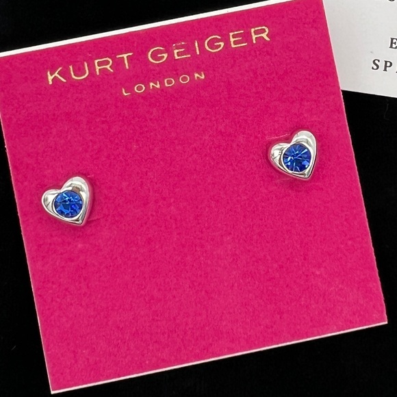 Kurt Geiger London Blue Heart Silver Stud Earrings NWT - Picture 2 of 5